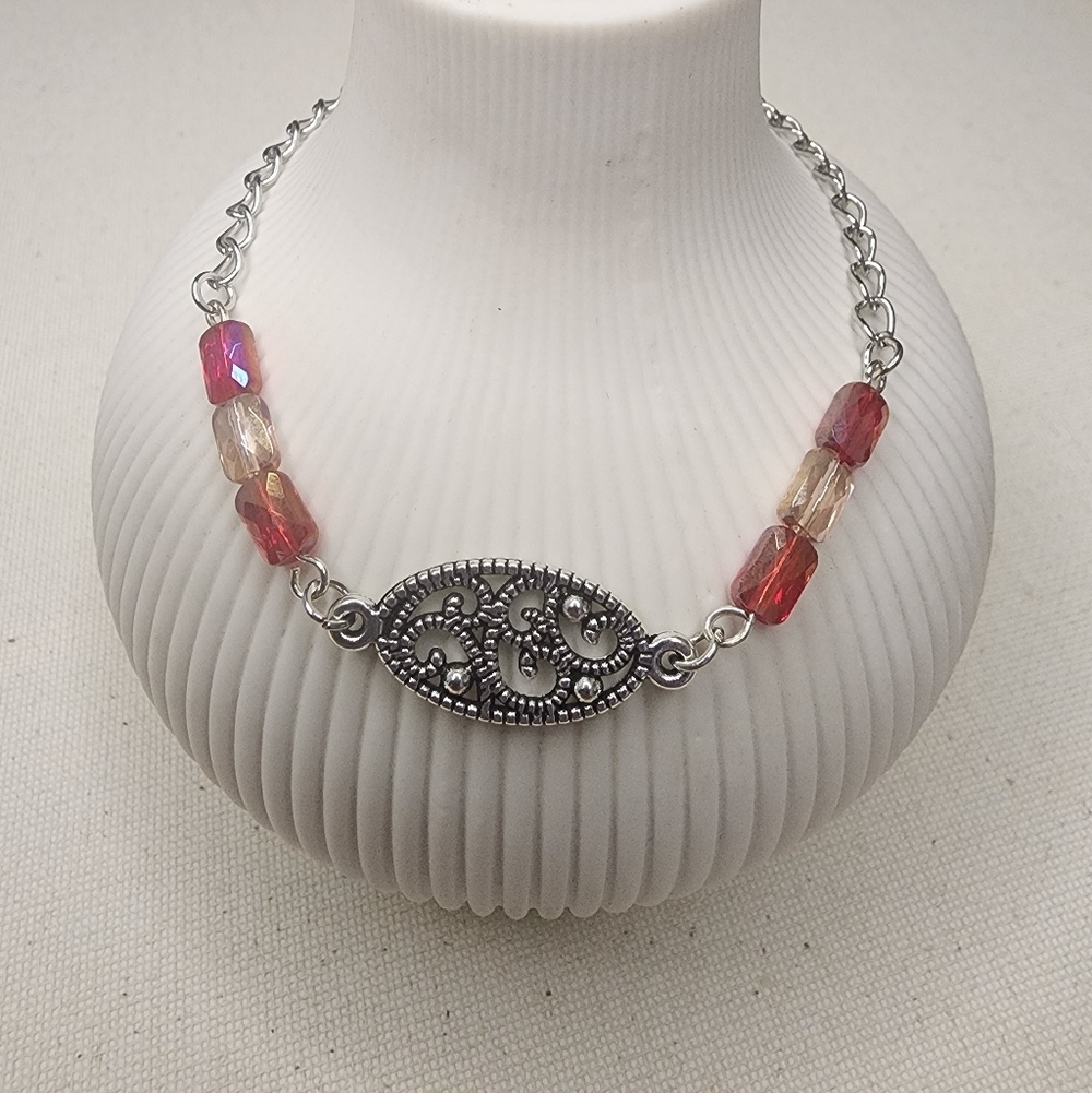 Filigree Bracelet - Stainless Steel & Red Faceted Glass